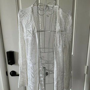 Dressbarn Long Sleeve White Crochet Knit Open Cardigan, Medium